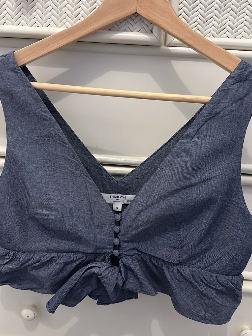 Thakoon Denim-Effect Navy V-Neck Tie-Front Crop Top